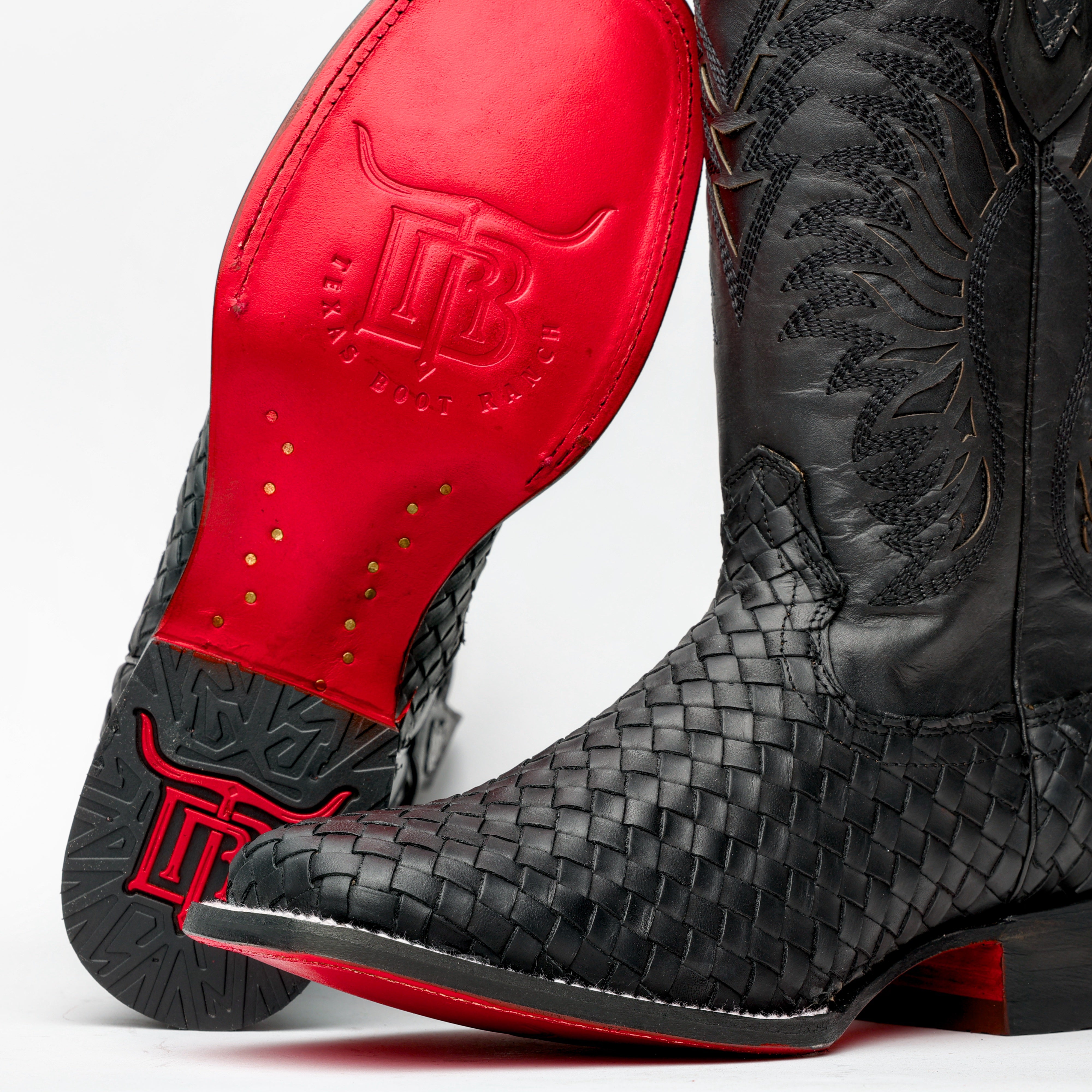 Black Basketweave Leather Boots - Square Toe