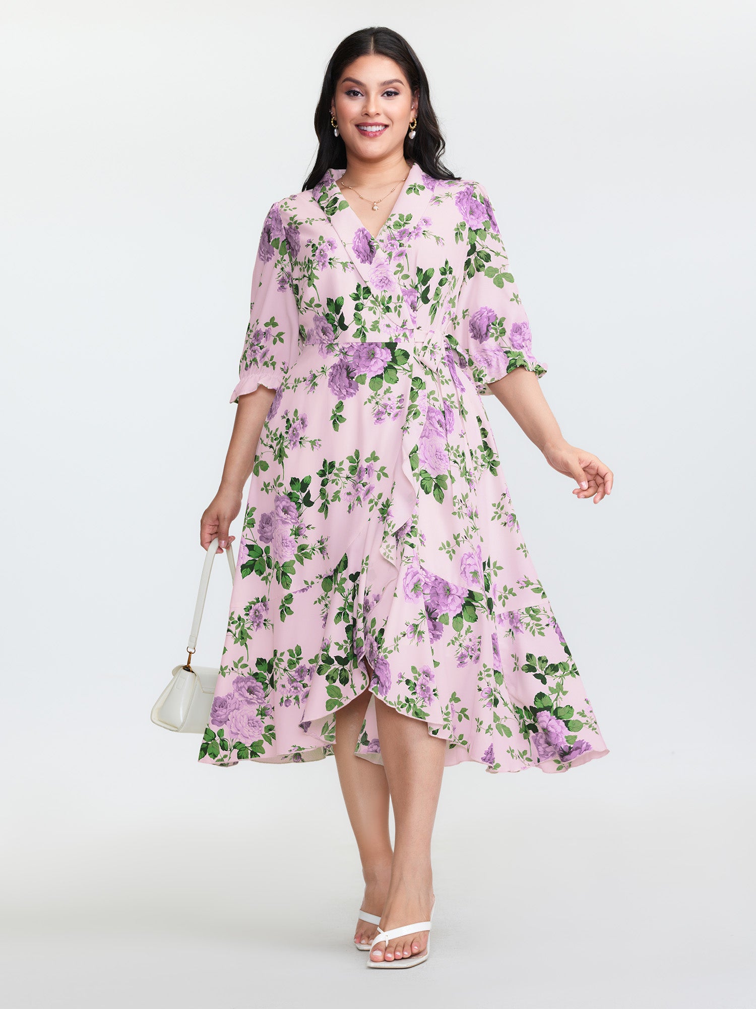 Large Floral Print Wrap Pockets Midi Dress