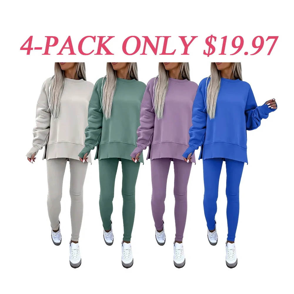 🔥6 PACKS $23🔥-Women's Drop-Shoulder Split Hem Sweatsuit Set