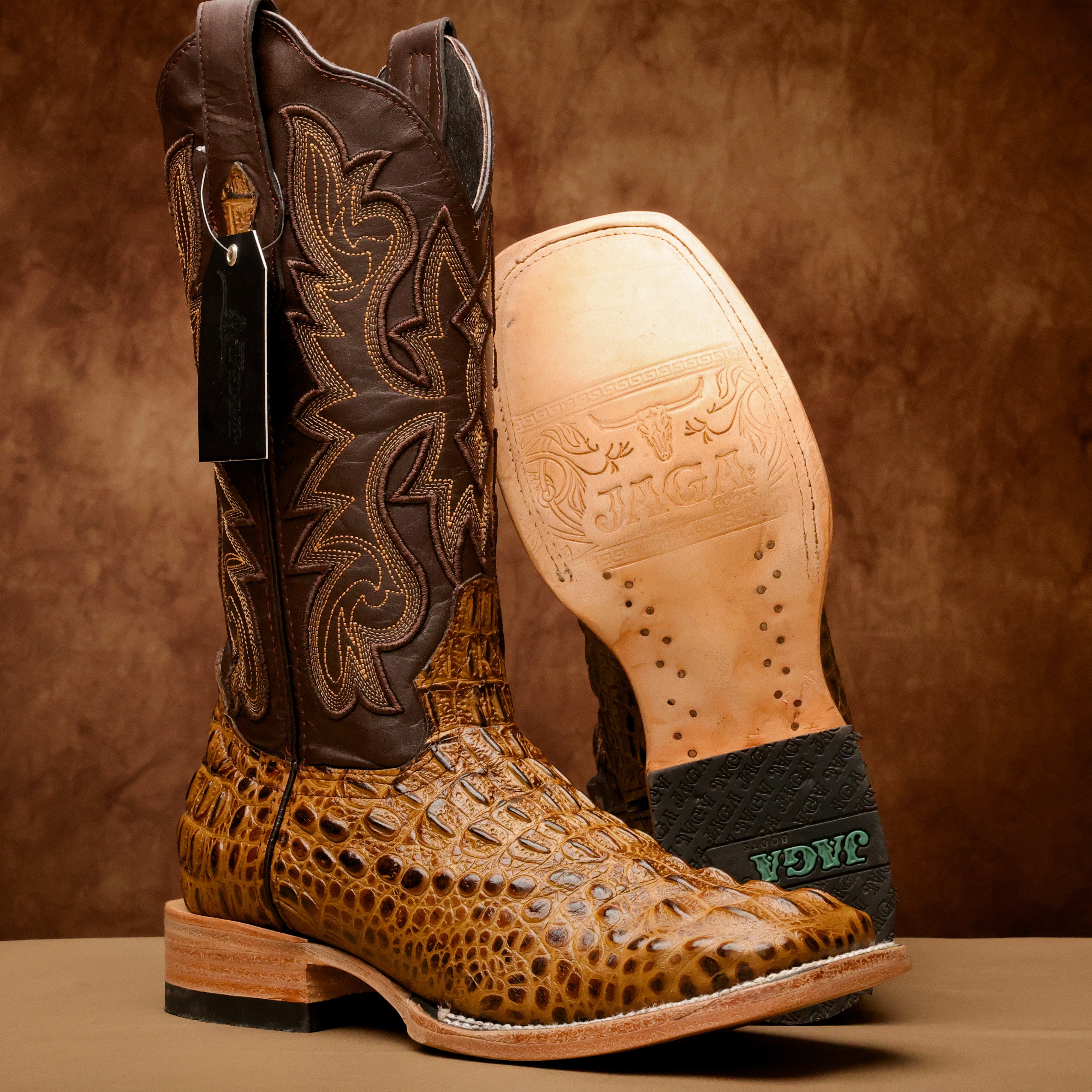 Honey Caiman Neck Leather Boots - Square Toe
