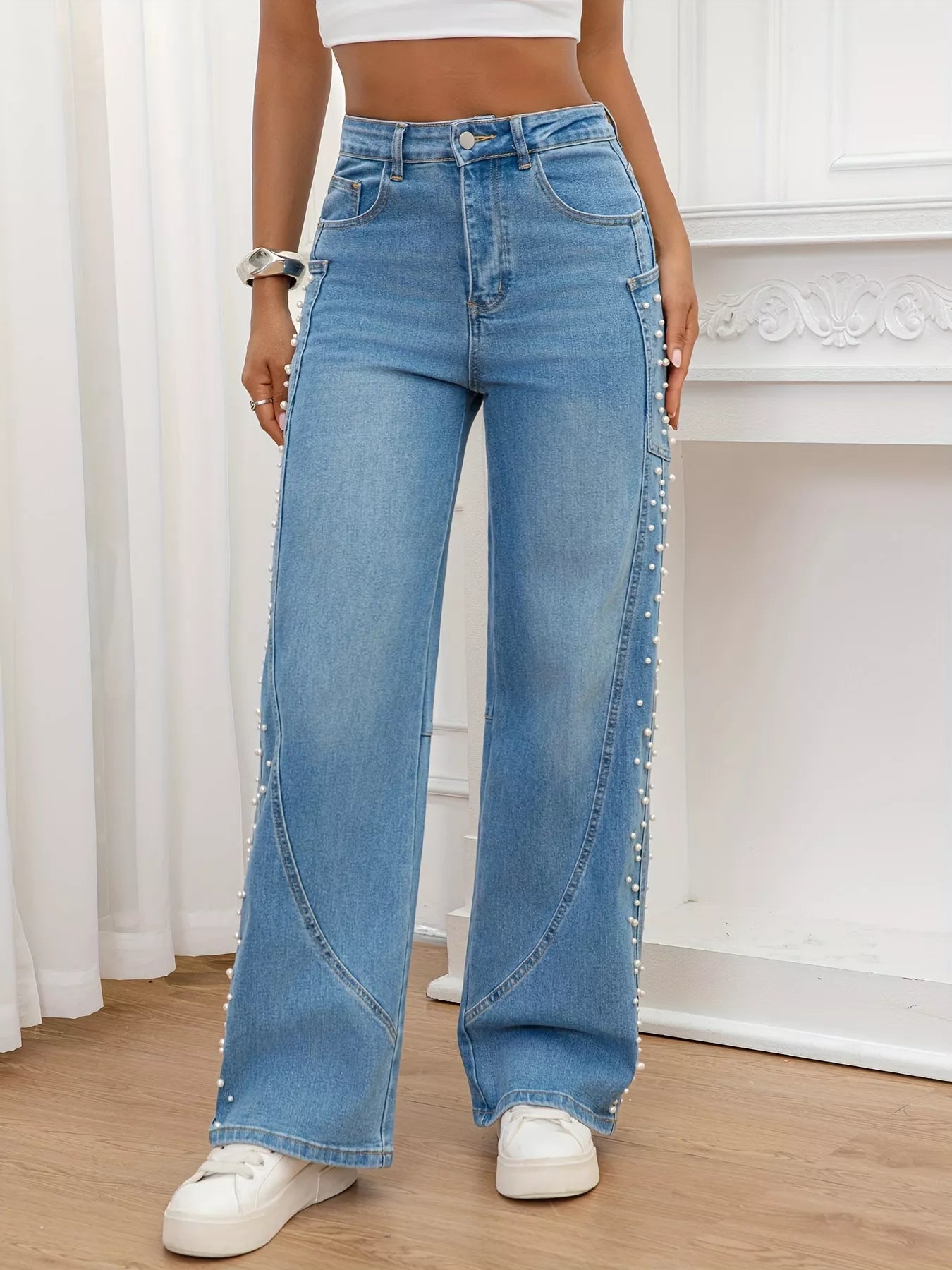 Pearl Embellished Wide Leg Jeans