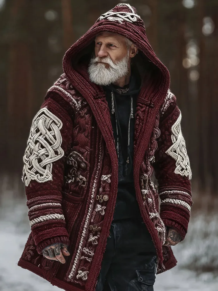Men's Viking Celtic Geometry Pattern Art Cozy Knit Hooded Cardigan