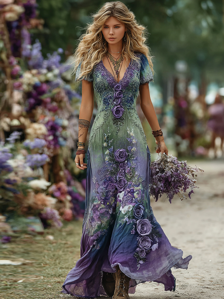 Vintage Green And Purple Lavender And Floral Embroidered Art Linen Maxi Dress