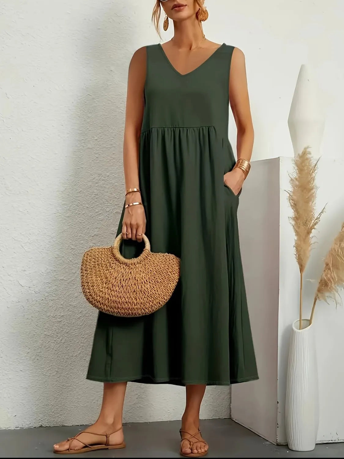 Full Size Pocketed V-Neck Sleeveless Midi Dress Plus Size