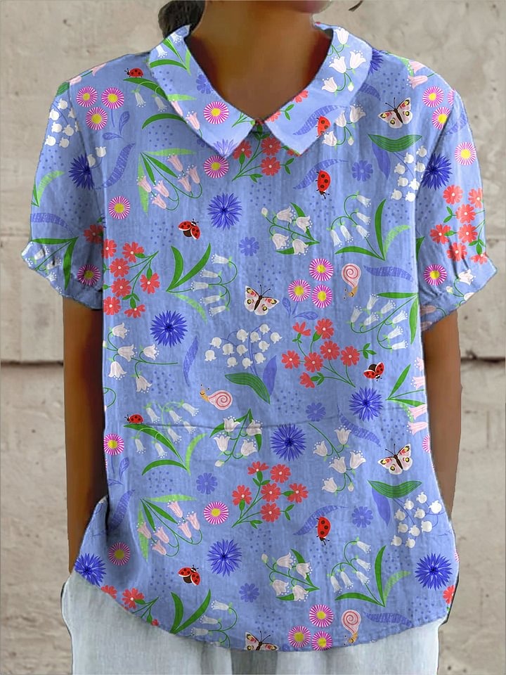 Women's Vintage Colorful Floral Pattern Art Print Casual Cotton And Linen 3/4 Sleeve Shirt