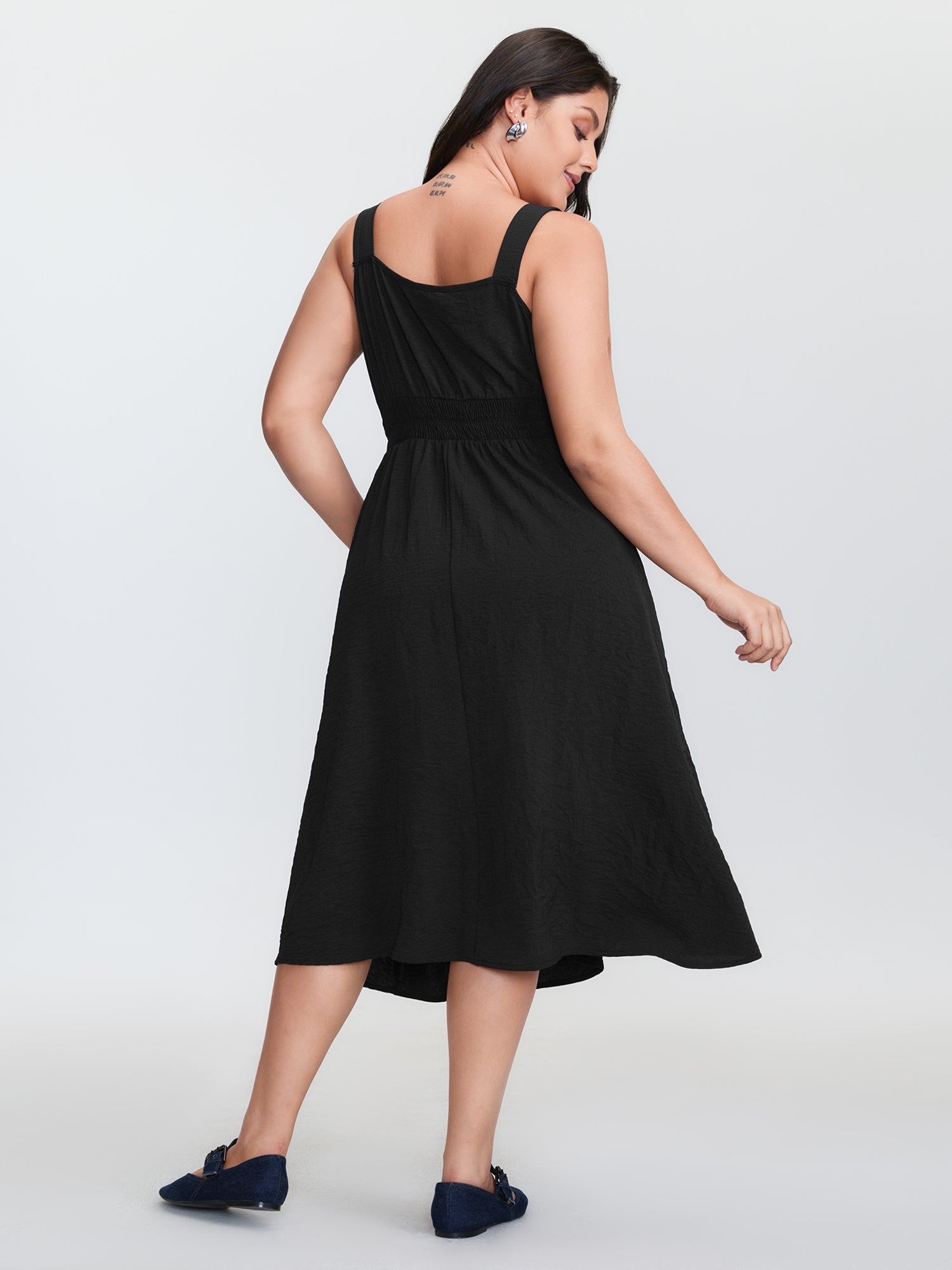 Wide Straps Belted Buckle Detail Midi Dress