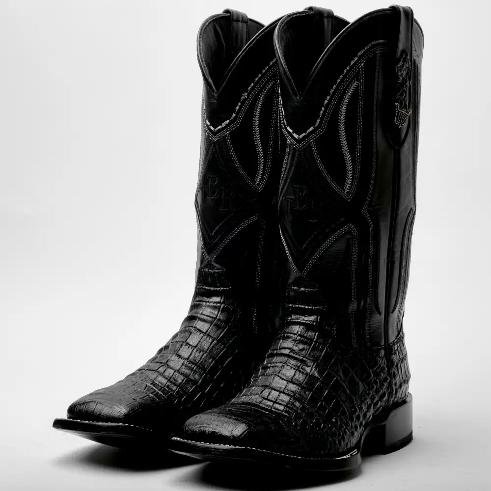 Total Black Caiman Belly Leather Boots - Square Toe