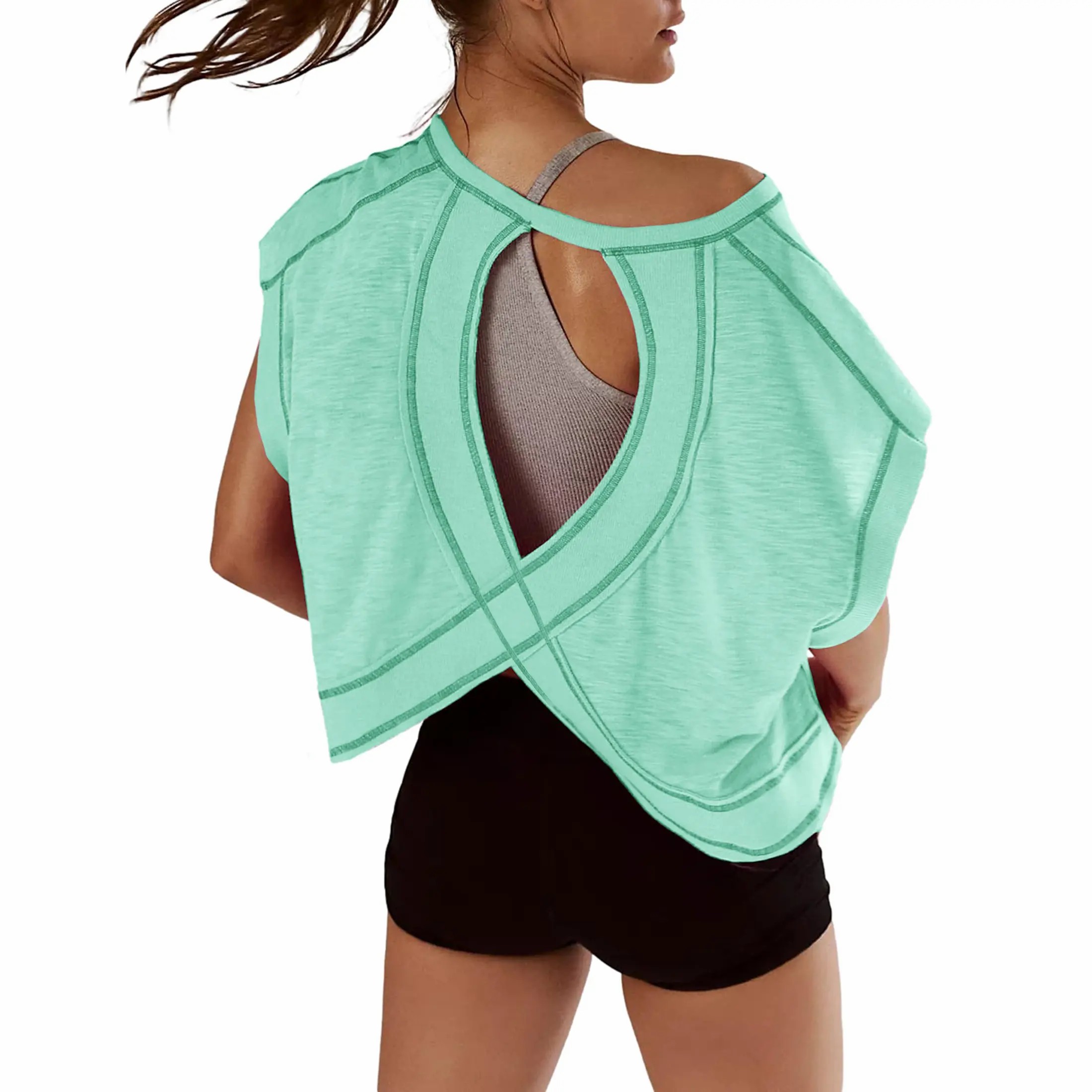 【Stock Up Deals】Women Short Sleeve Workout Shirts Open Back Tops Casual Yoga Y2k Athletic Gym Slouchy Crop Running Tees