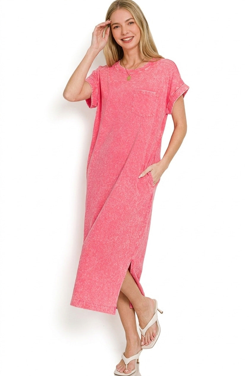 Zenana Washed Exposed Seam Short Sleeve T-Shirt Dress