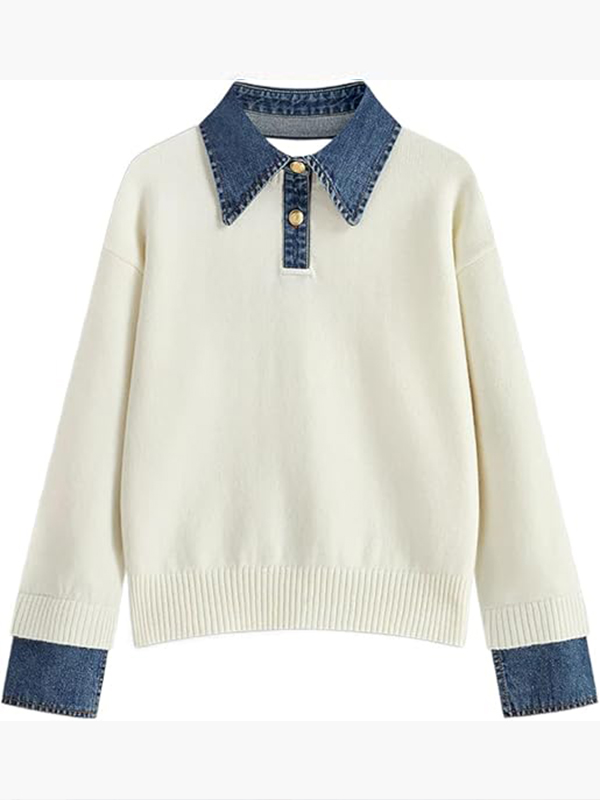 Women Laple Collar Denim Patchwork Sweater Casual Top