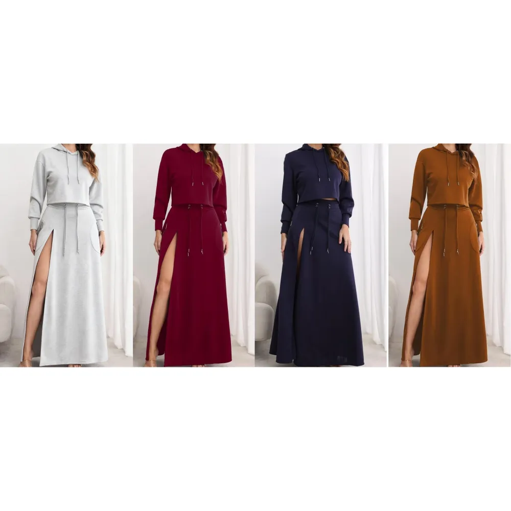 Women's Solid Drawstring Hoodie & Split Thigh Skirt Set