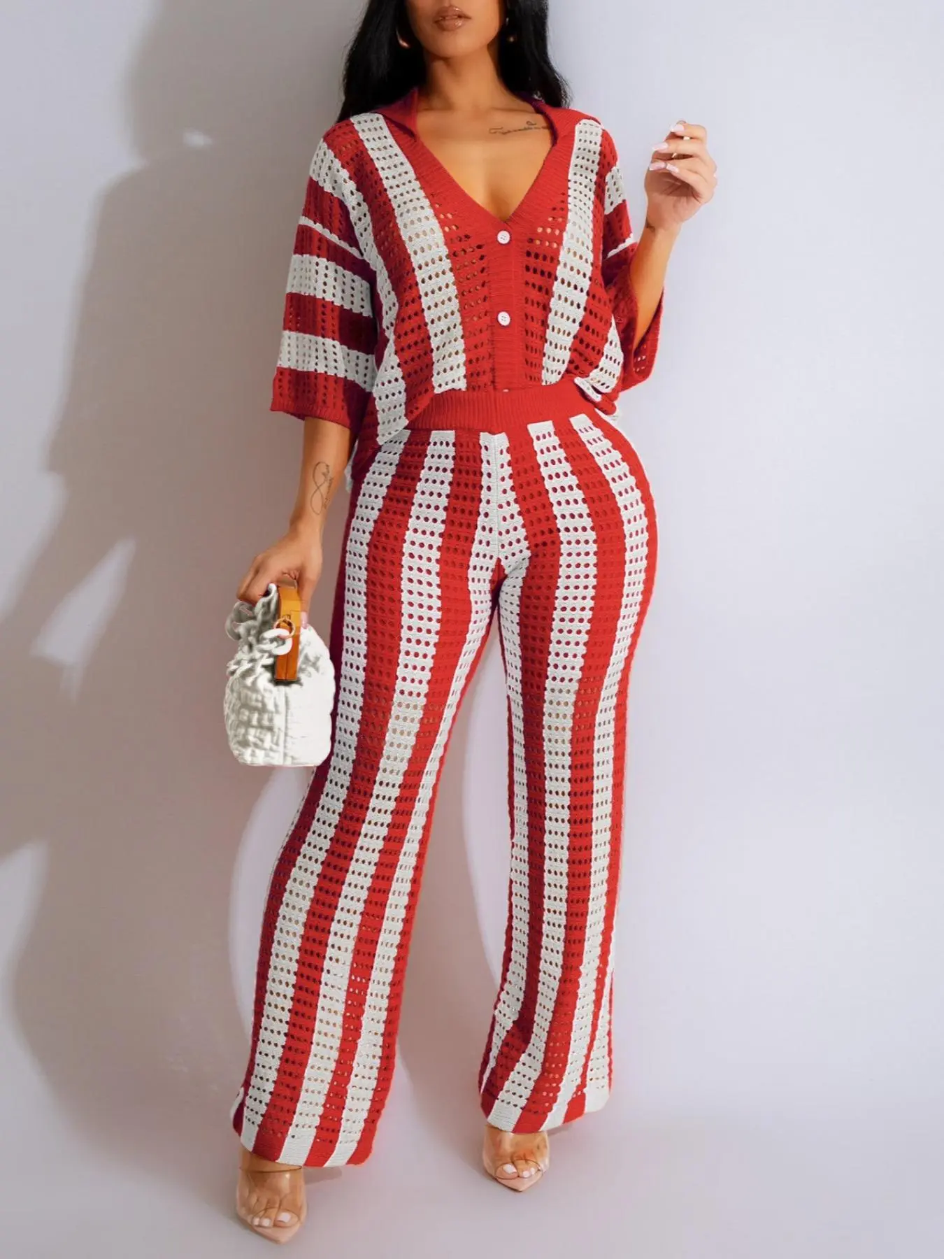 Two-Piece Set Women's Colorblock Striped Print Hollow Out Button Front Top & Wide Leg Pants
