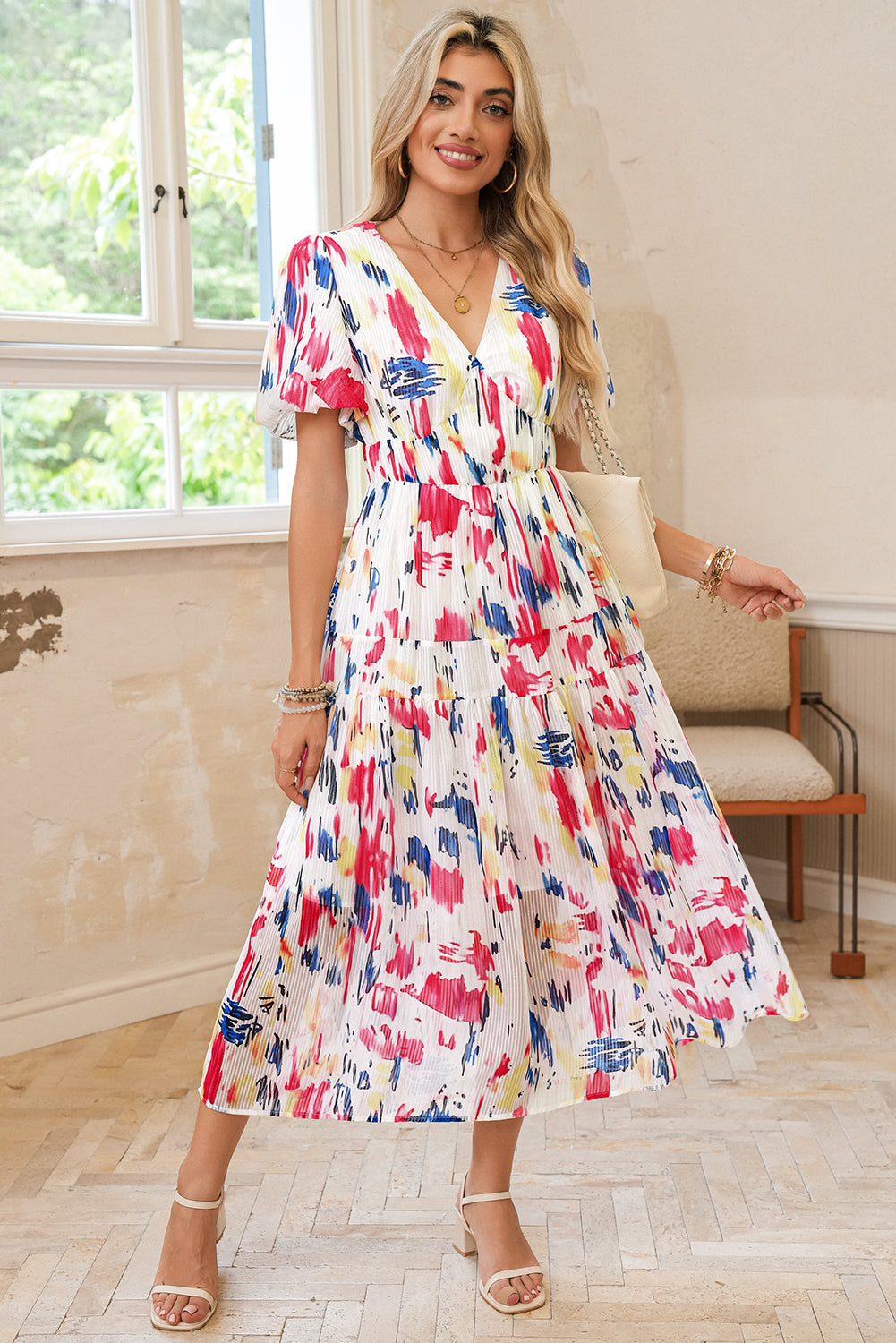 Rose Abstract Print Short Puff Sleeve Tiered Maxi Dress