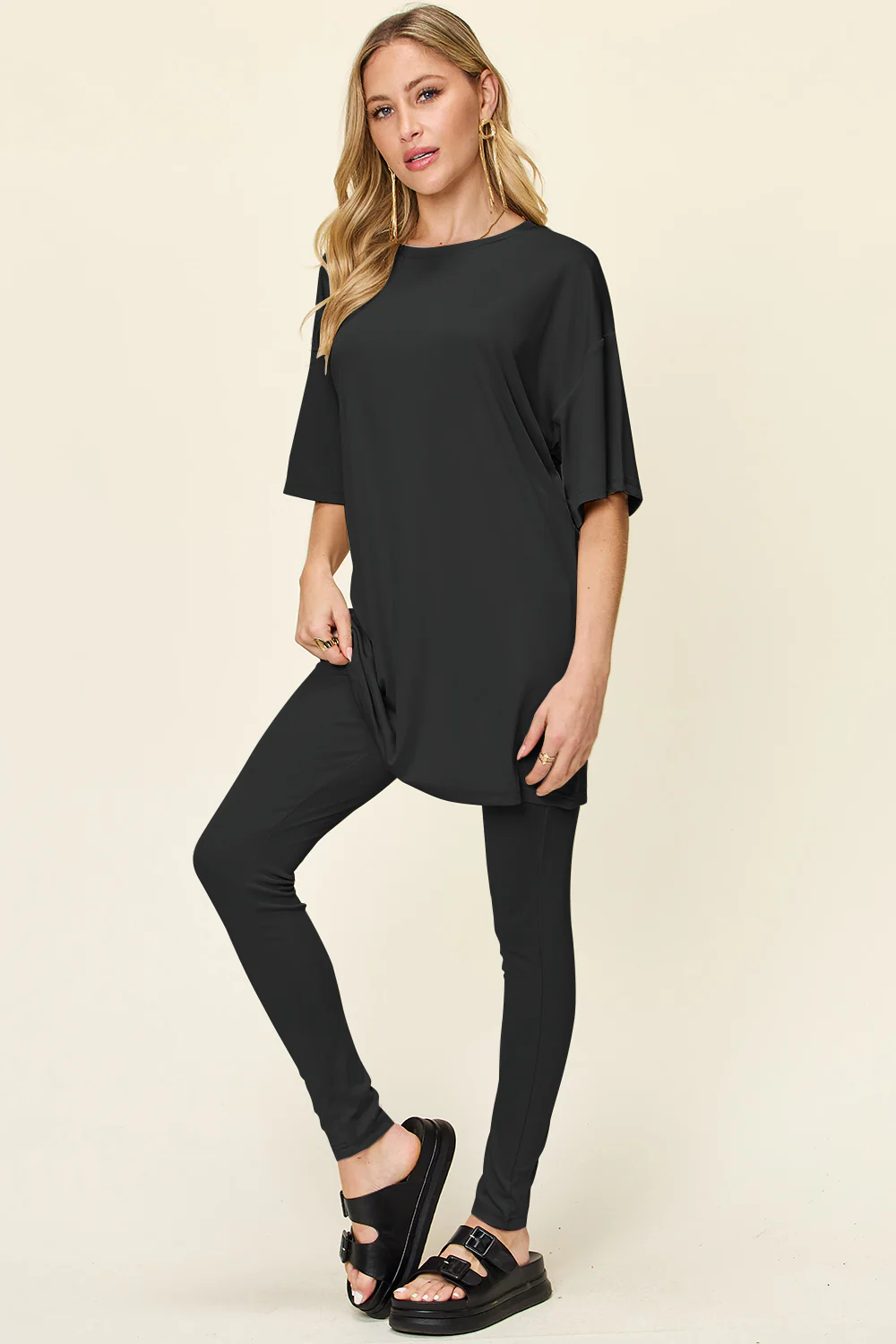 Full Size Round Neck Dropped Shoulder T-Shirt and Leggings Set