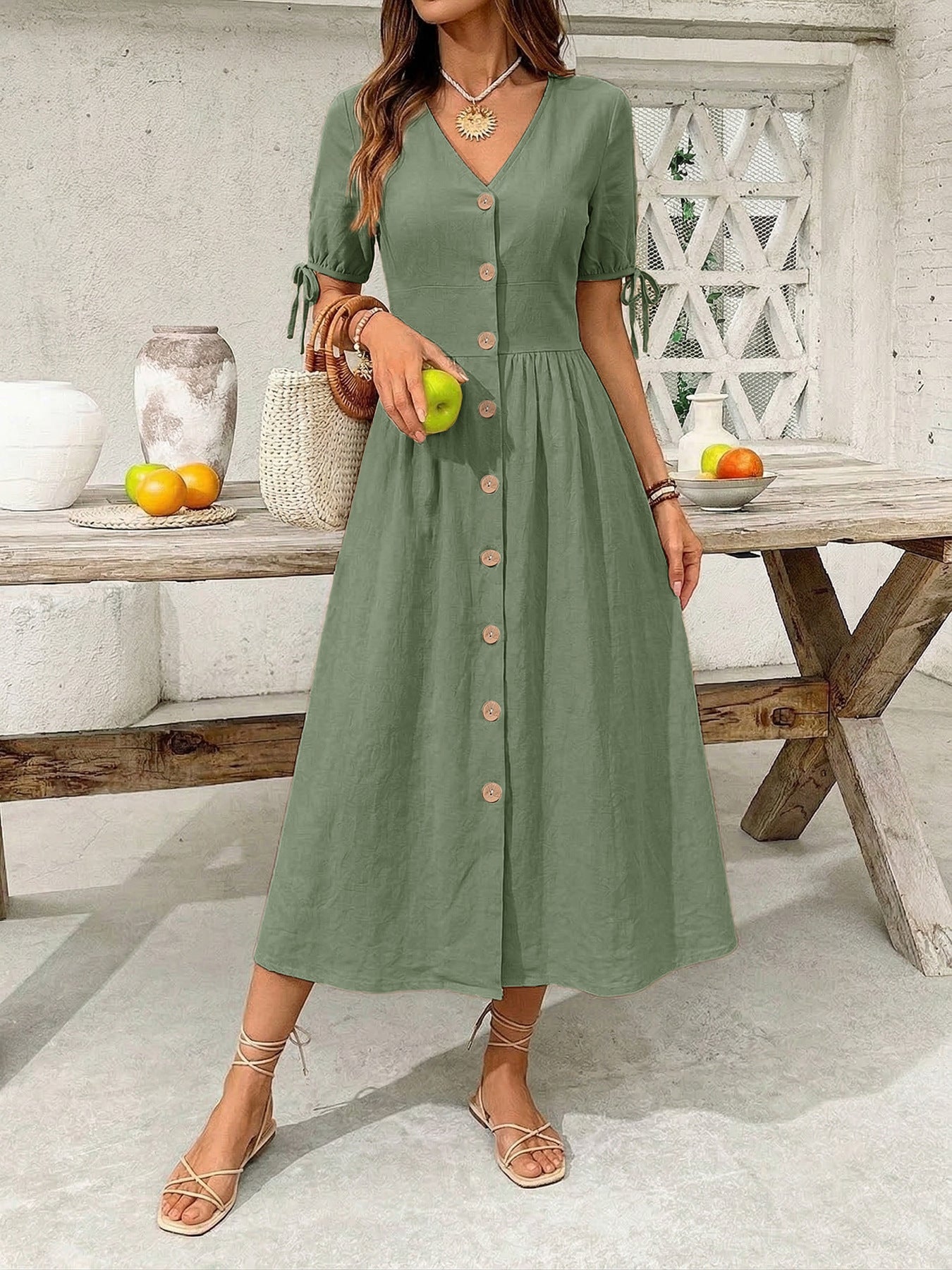 Button-Down Short Sleeve Midi Dress