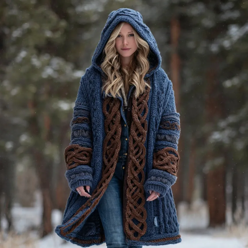 Women's Vintage Viking Celtic Knot Art Warm Knit Hooded Jacket