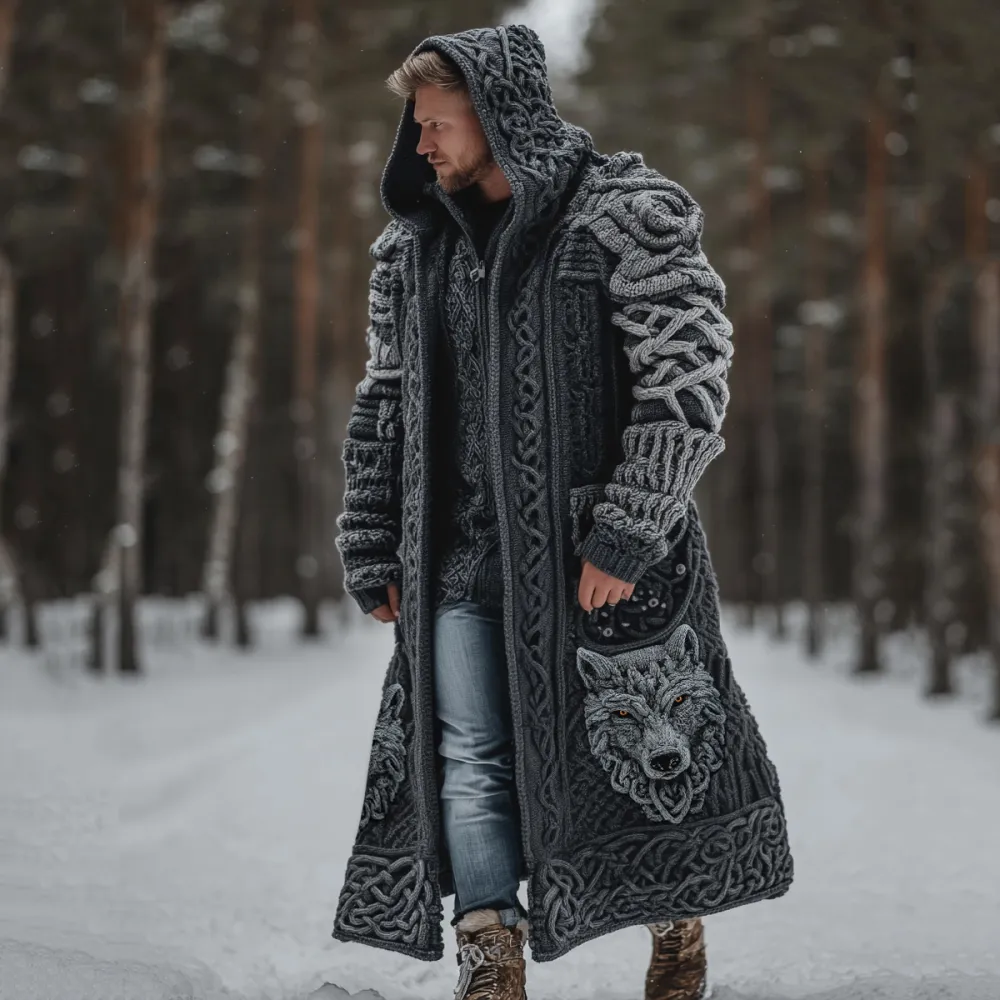 Men's Viking Style Celtic Knot Wolf Head Sweater Cardigan