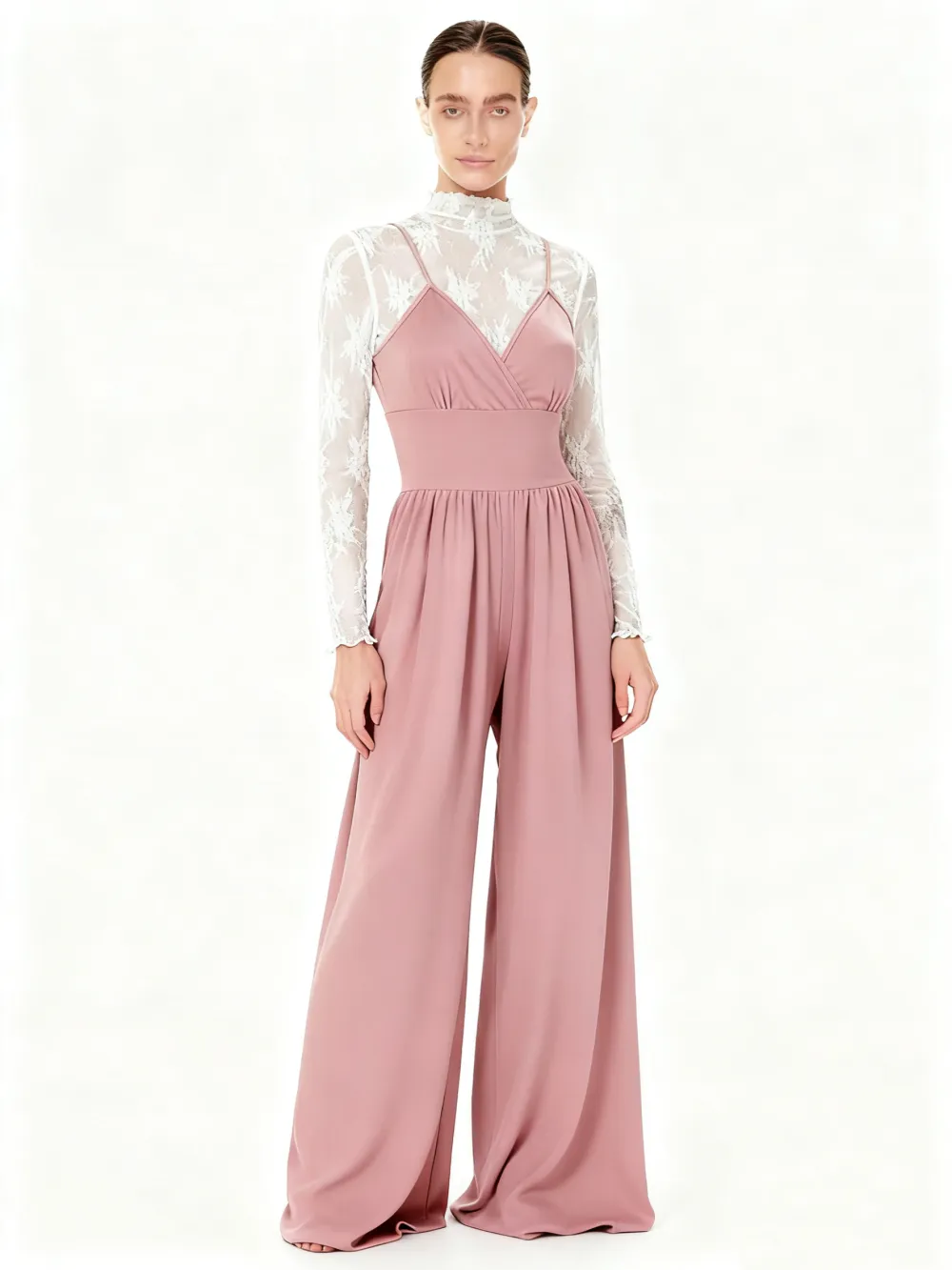 Women's Solid Color Lettuce Trim Mock Neck Sheer Lace Top & Pocket Wide Leg Cami Jumpsuit