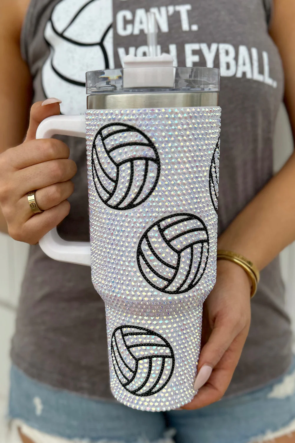 Black 40 Oz Rhinestone Volleyball Tumbler with Handle