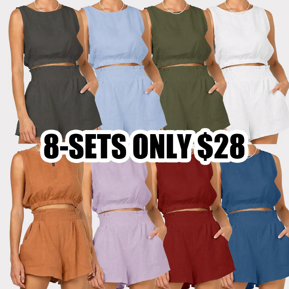 FISOEW Women's 2-Piece Summer Set – Sleeveless Crop Top & High-Waist Pocket Shorts, Casual Breathable Lounge Outfit