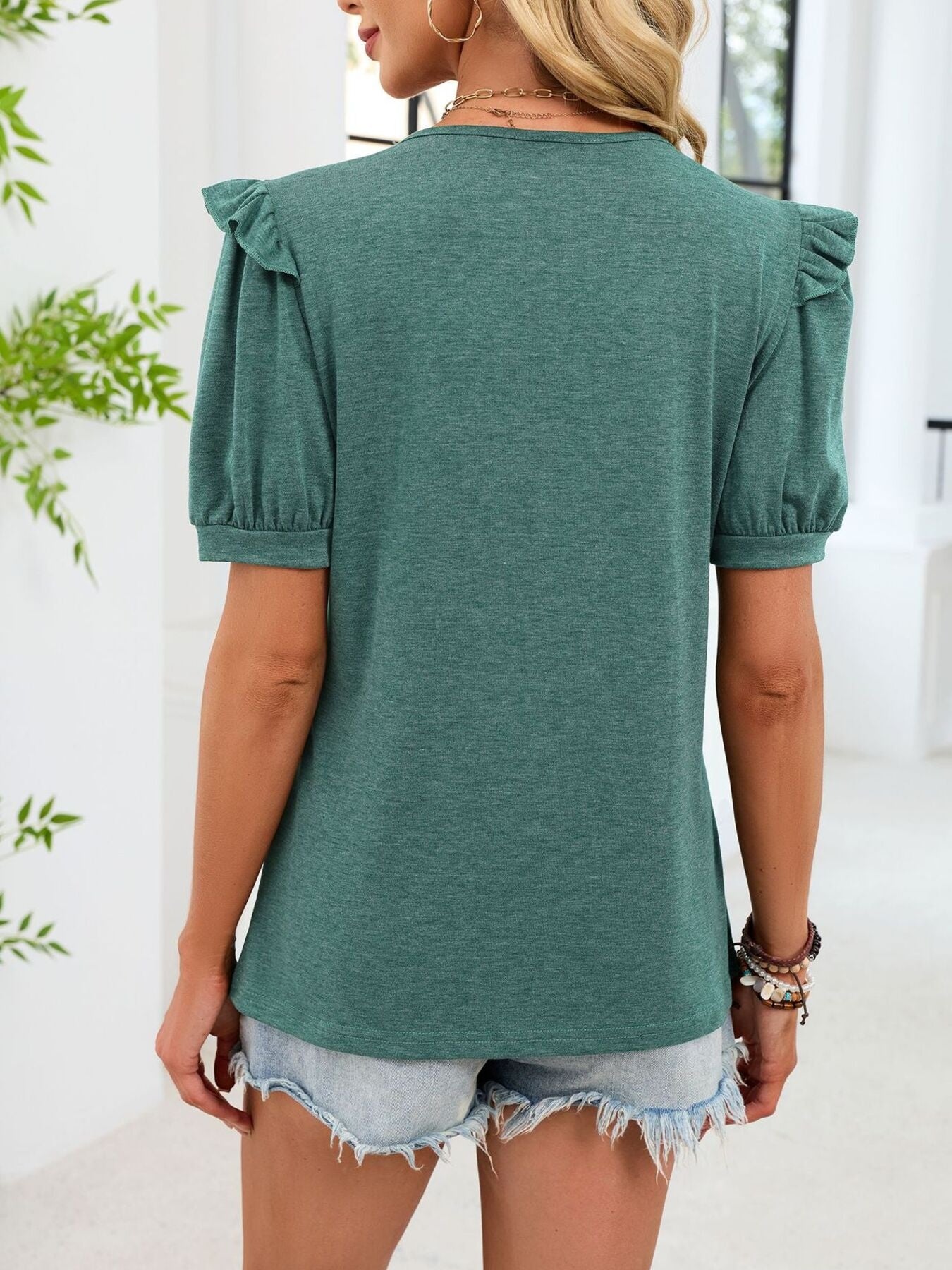 Ruffled Solid Color Short Sleeve T-Shirt
