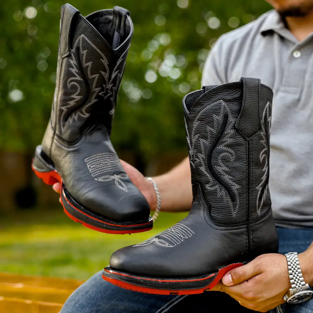 Black Leather Boots With 3D Lightweight Sole - Square Toe