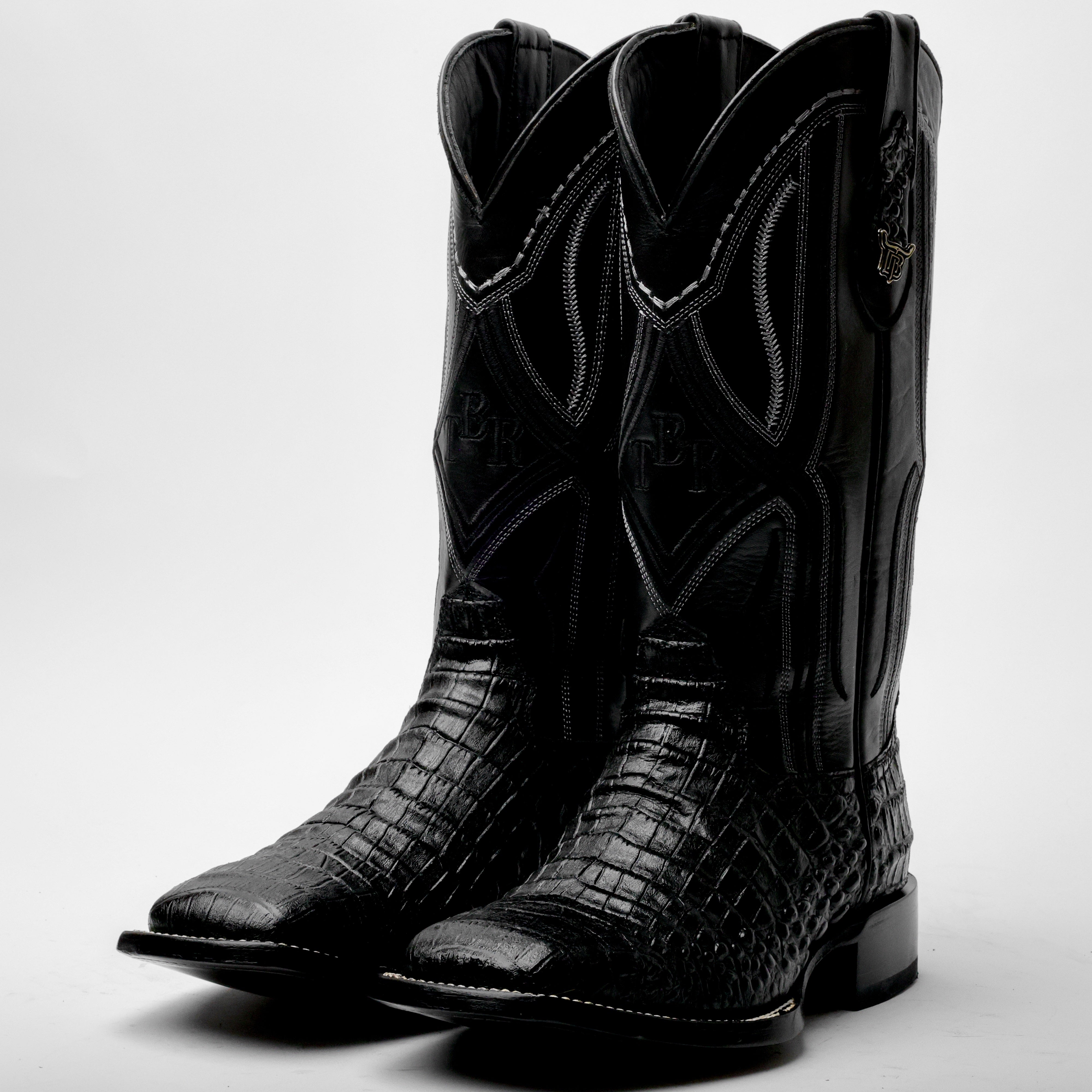 Total Black Caiman Belly Leather Boots - Square Toe