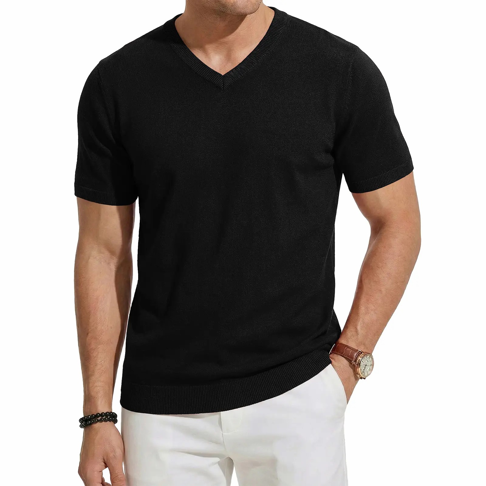 Men's Wool Blend Short Sleeve V-Neck Sweater Soft Textured Knit Pullover for Business Casual Wear