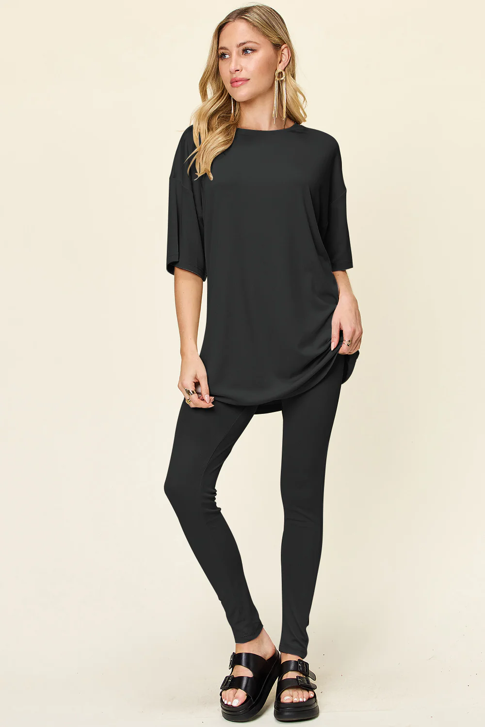 Full Size Round Neck Dropped Shoulder T-Shirt and Leggings Set