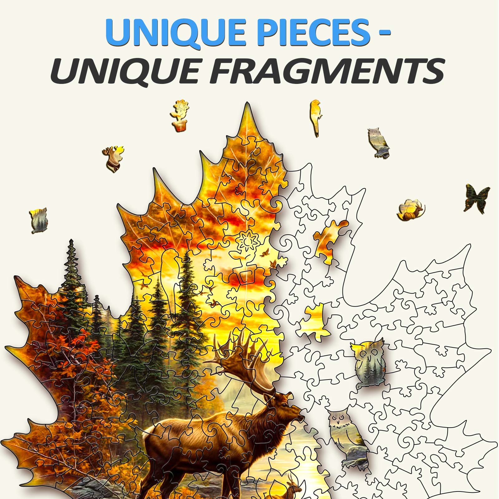 Elk and maple leaves Wooden Jigsaw Puzzle