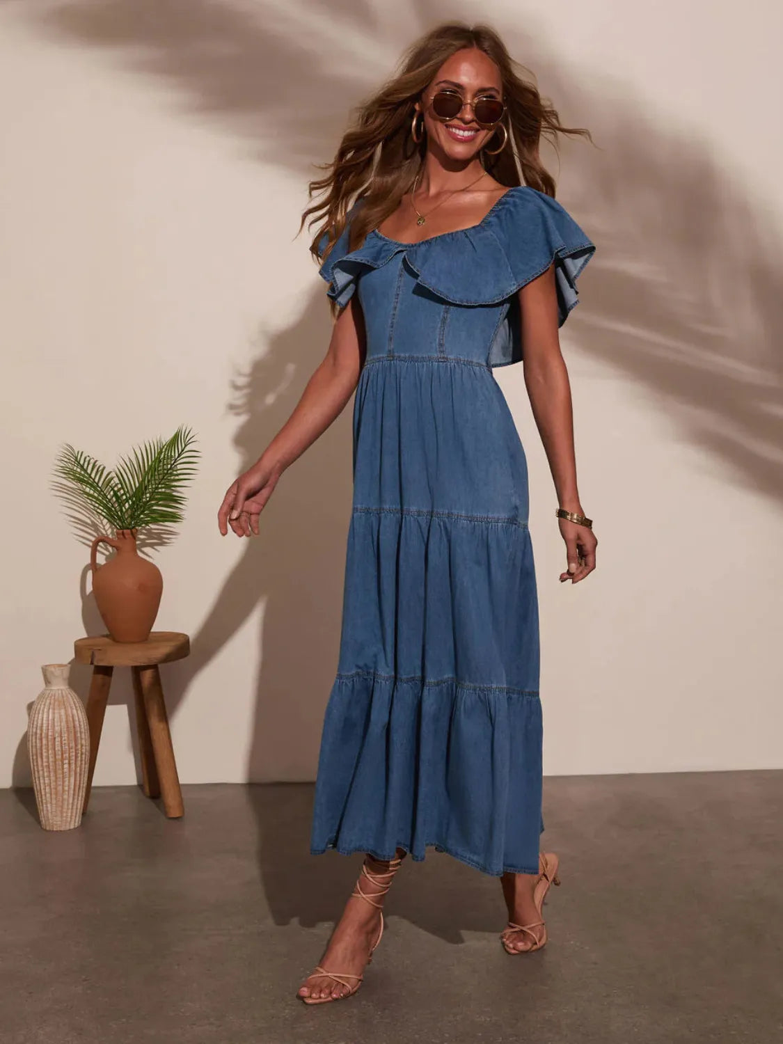 Off Shoulder Ruffle Tiered Denim Midi Dress