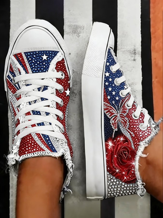 Women's Patriotic American Flag Butterfly Rose Rhinestone Fringe Sneakers