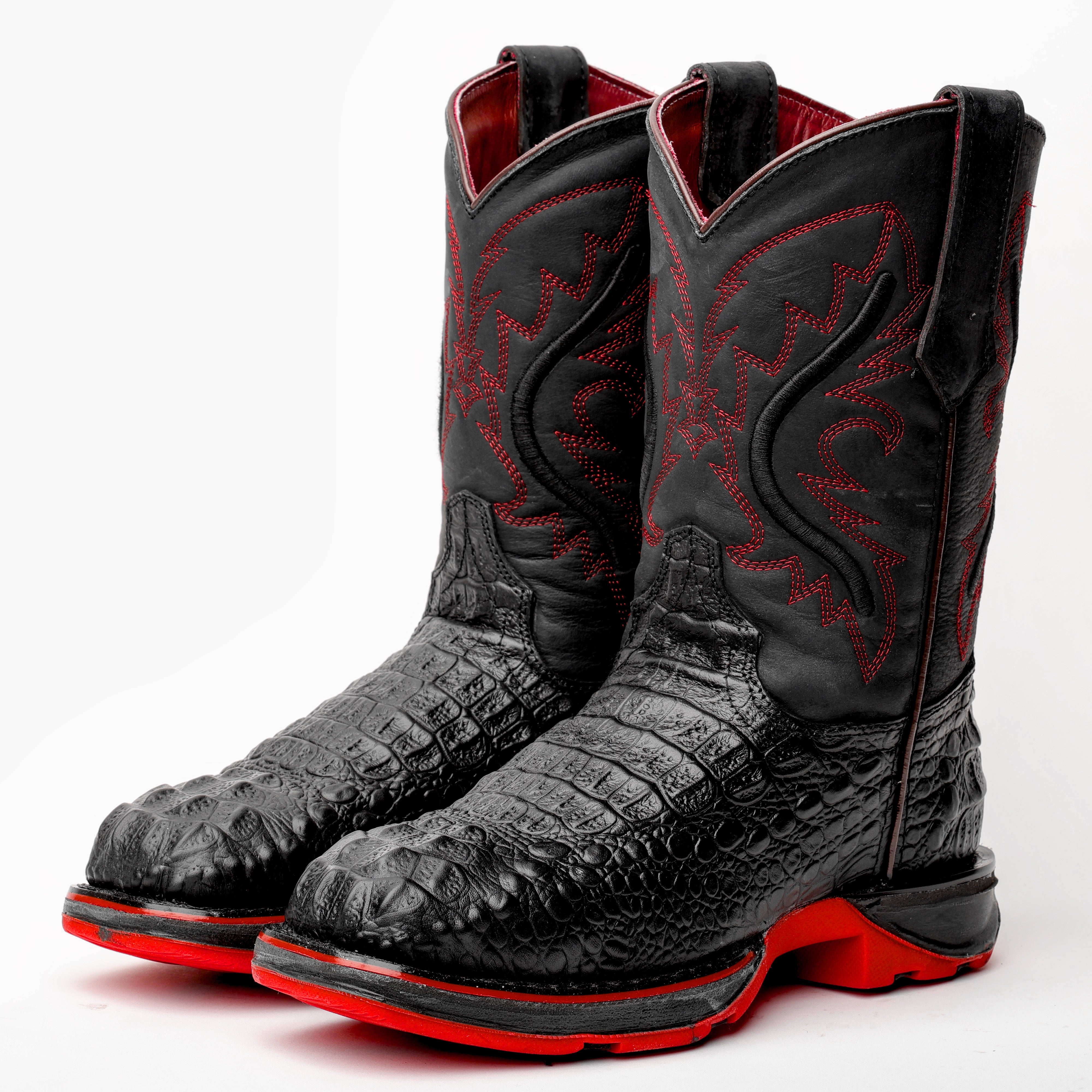 Black Caiman Neck Leather Boots With 3D Lightweight Sole - Composite Toe