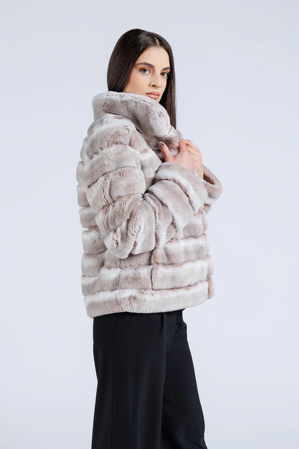 Haină din Blană Naturală de Rex Chinchilla, Guler Tunică, Femei, Pearl 179