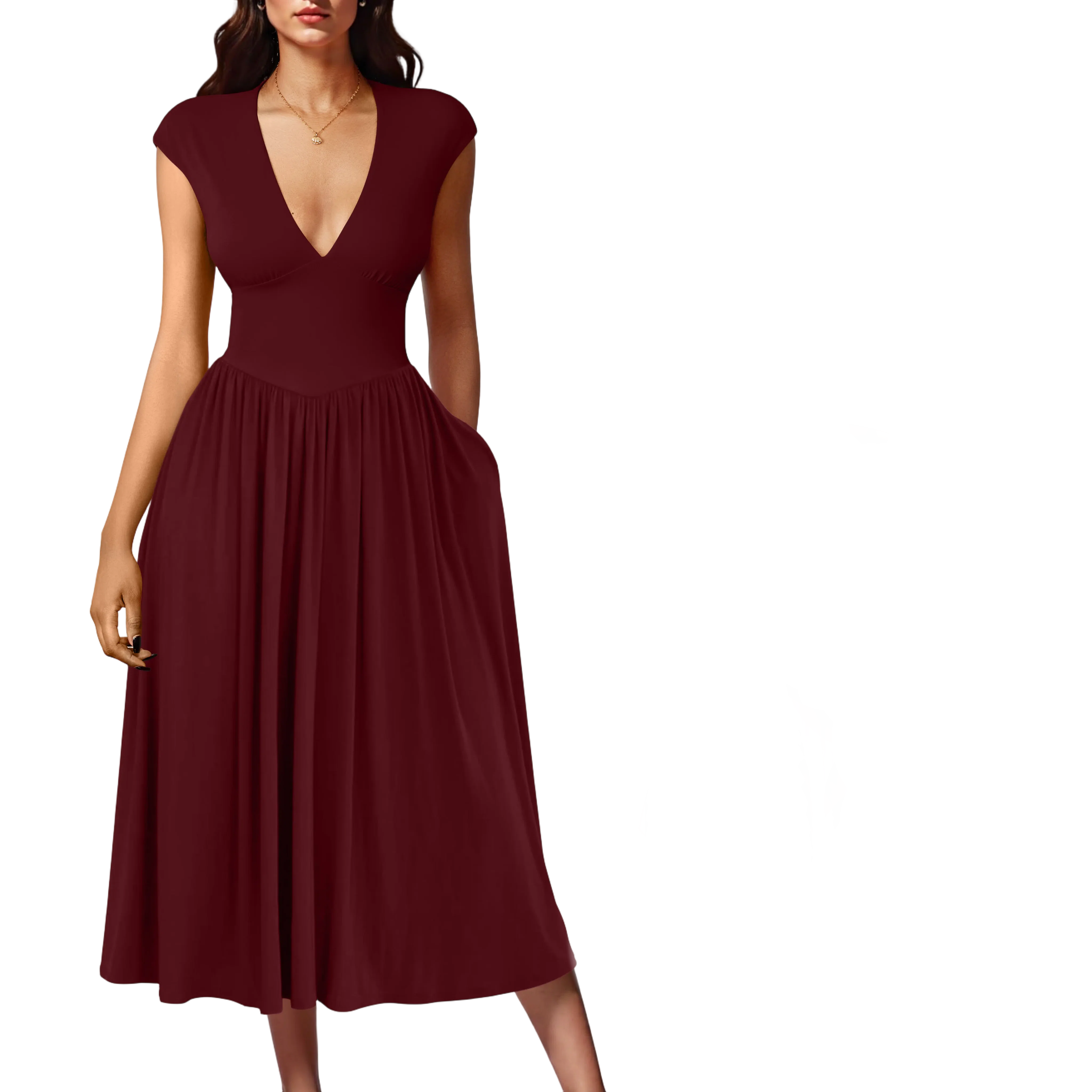 Women's Summer Deep V-Neck Cap Sleeve Pleated A‑Line Midi Dress with Pockets