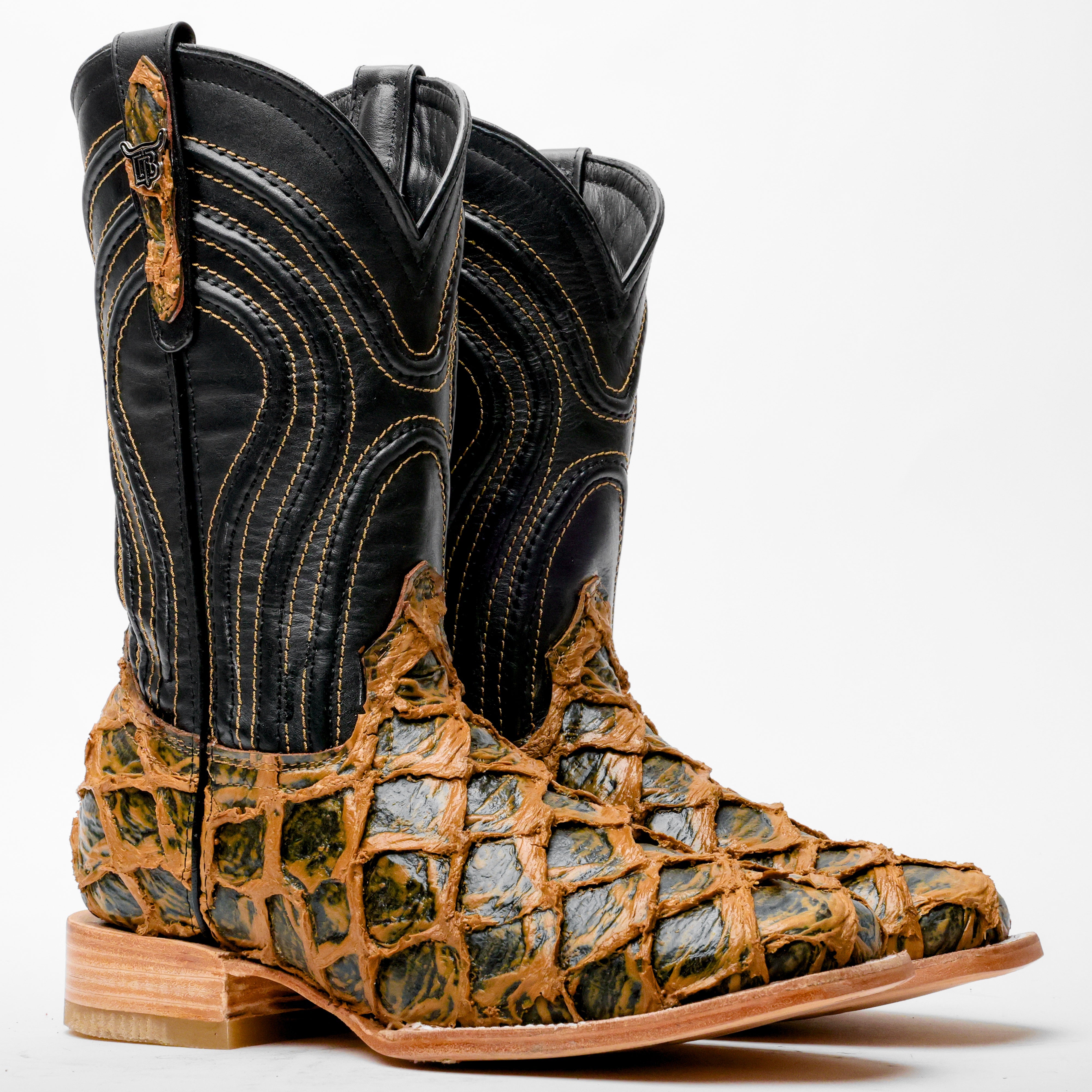 Brown Rustic Jumbo Pirarucu Leather Boots - Square Toe