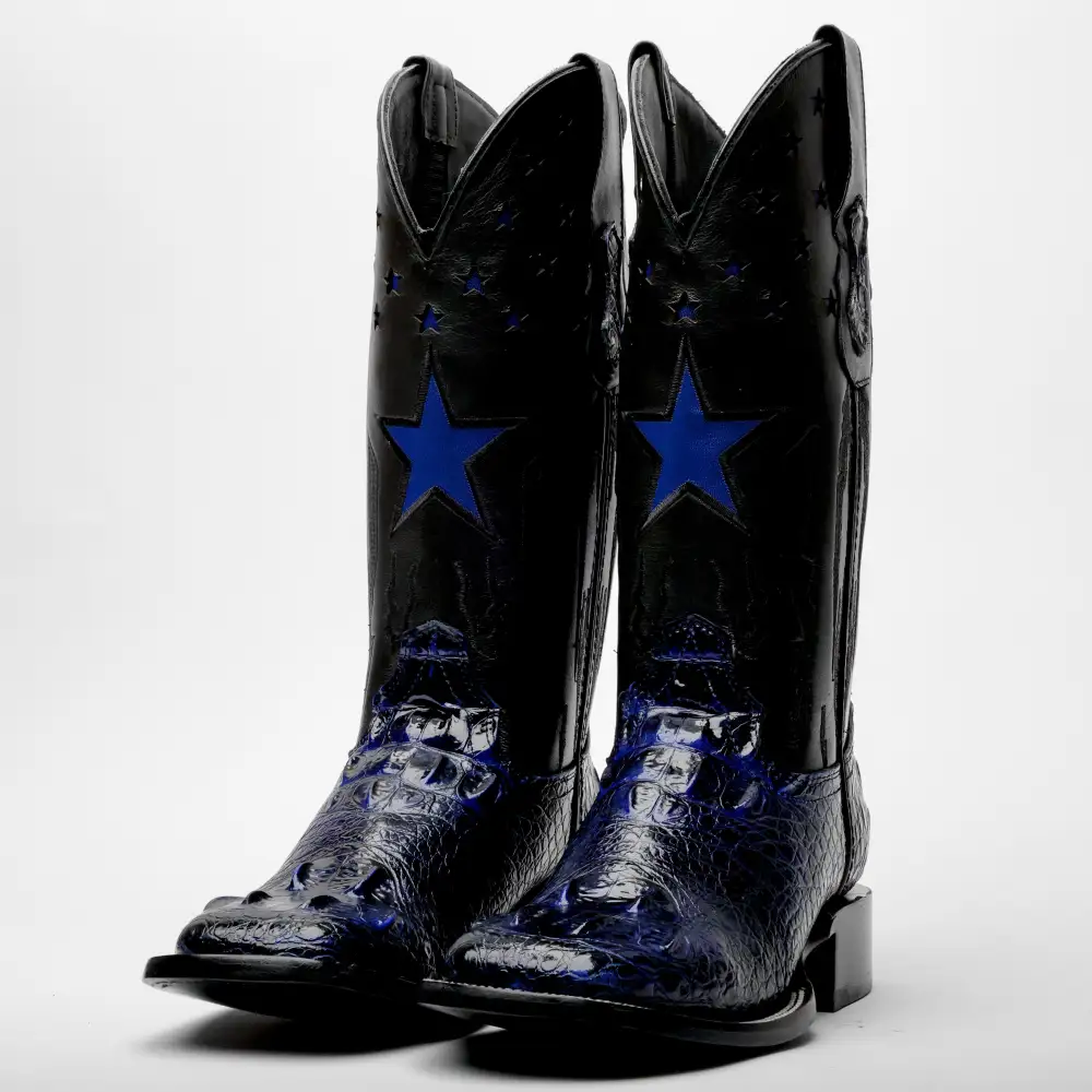 Royal Blue Giant Caiman Hornback Leather Boots - Square Toe
