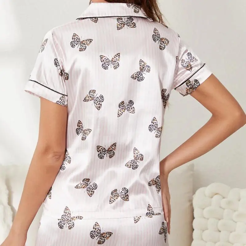 Silk Striped Print Short Sleeved Pajamas Set