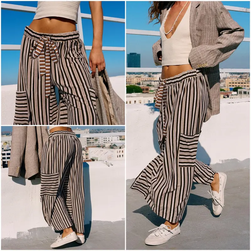 Women Drawstring Striped Pants Loose Wide Leg Lounge Pants Casual Palazzo Pants Trousers with Pockets Bottom Oversize