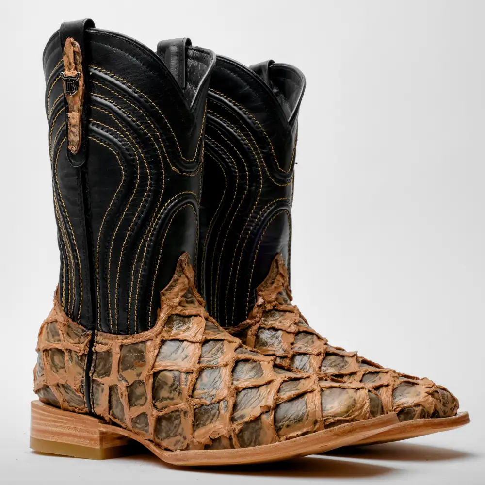 Light Brown Rustic Jumbo Pirarucu Leather Boots - Square Toe