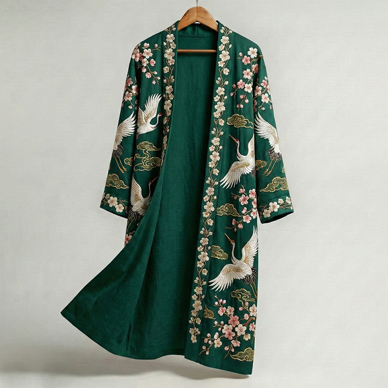 Men's Retro Crane Art Print Linen Long Kimono