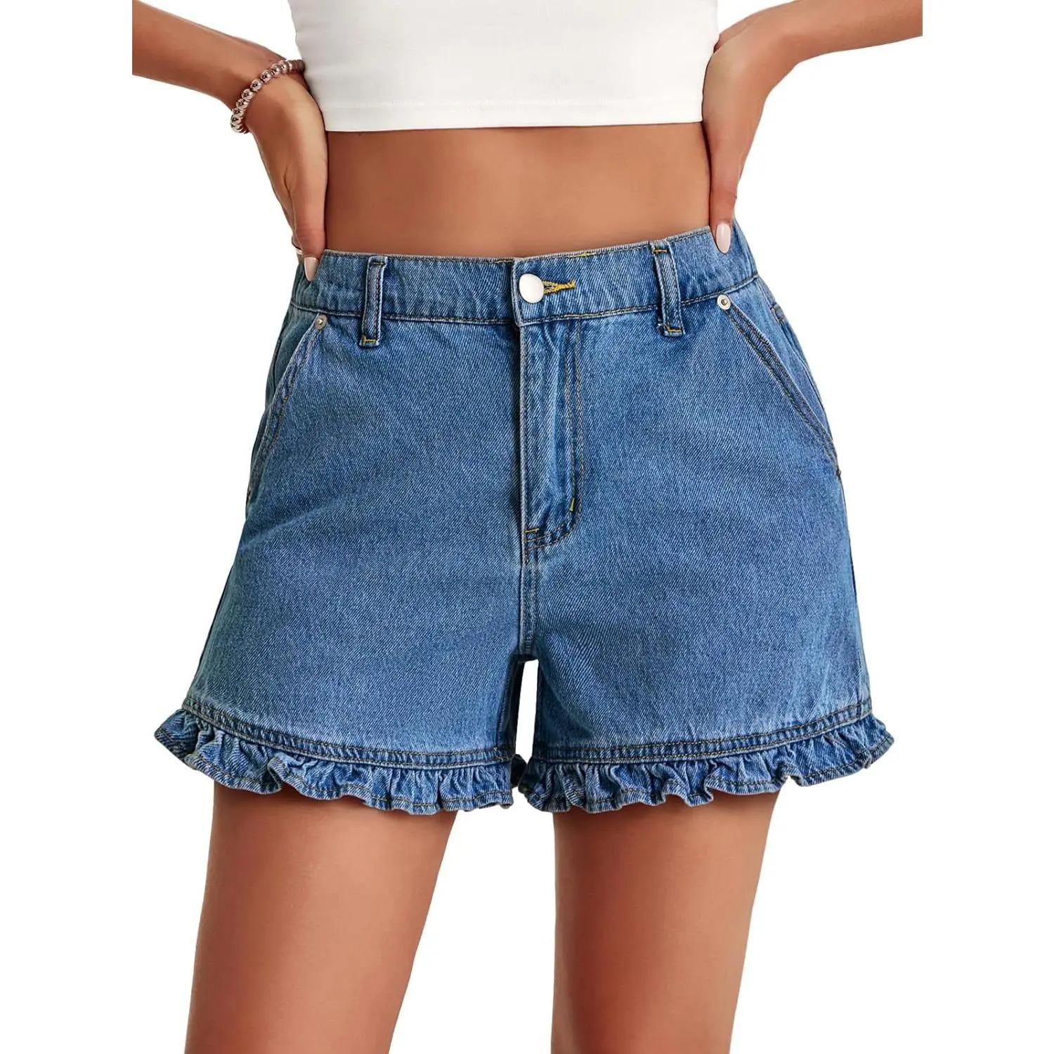 Cute High Waisted Denim Shorts with Ruffle Hem for Women -