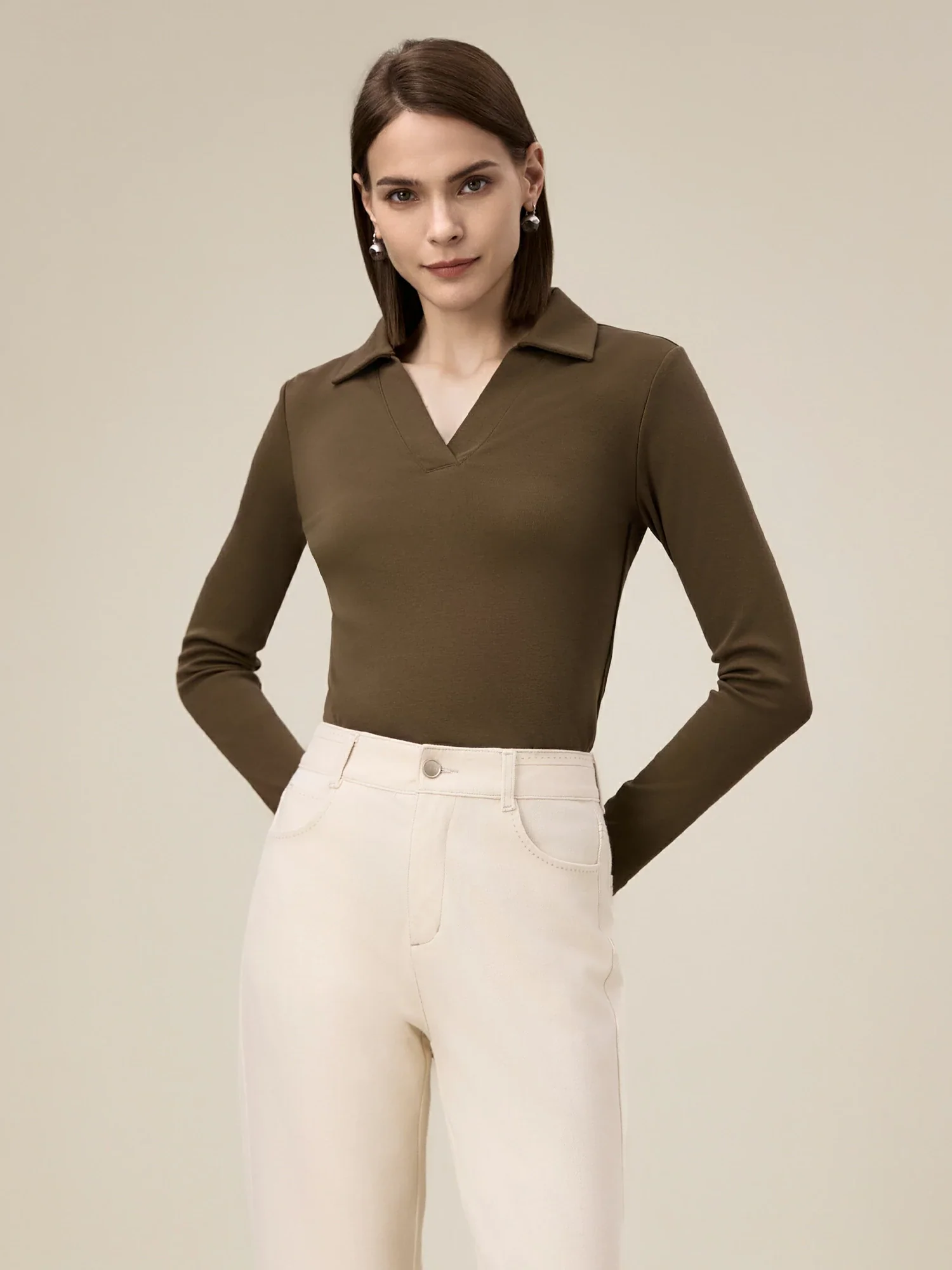 Women's  69.6% Cotton Polo Collar Long Sleeve Top