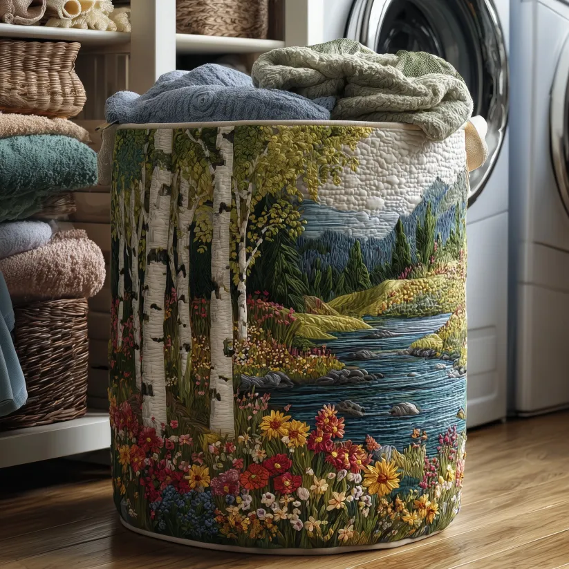 Natural Scenery and Floral Quilted Laundry Basket