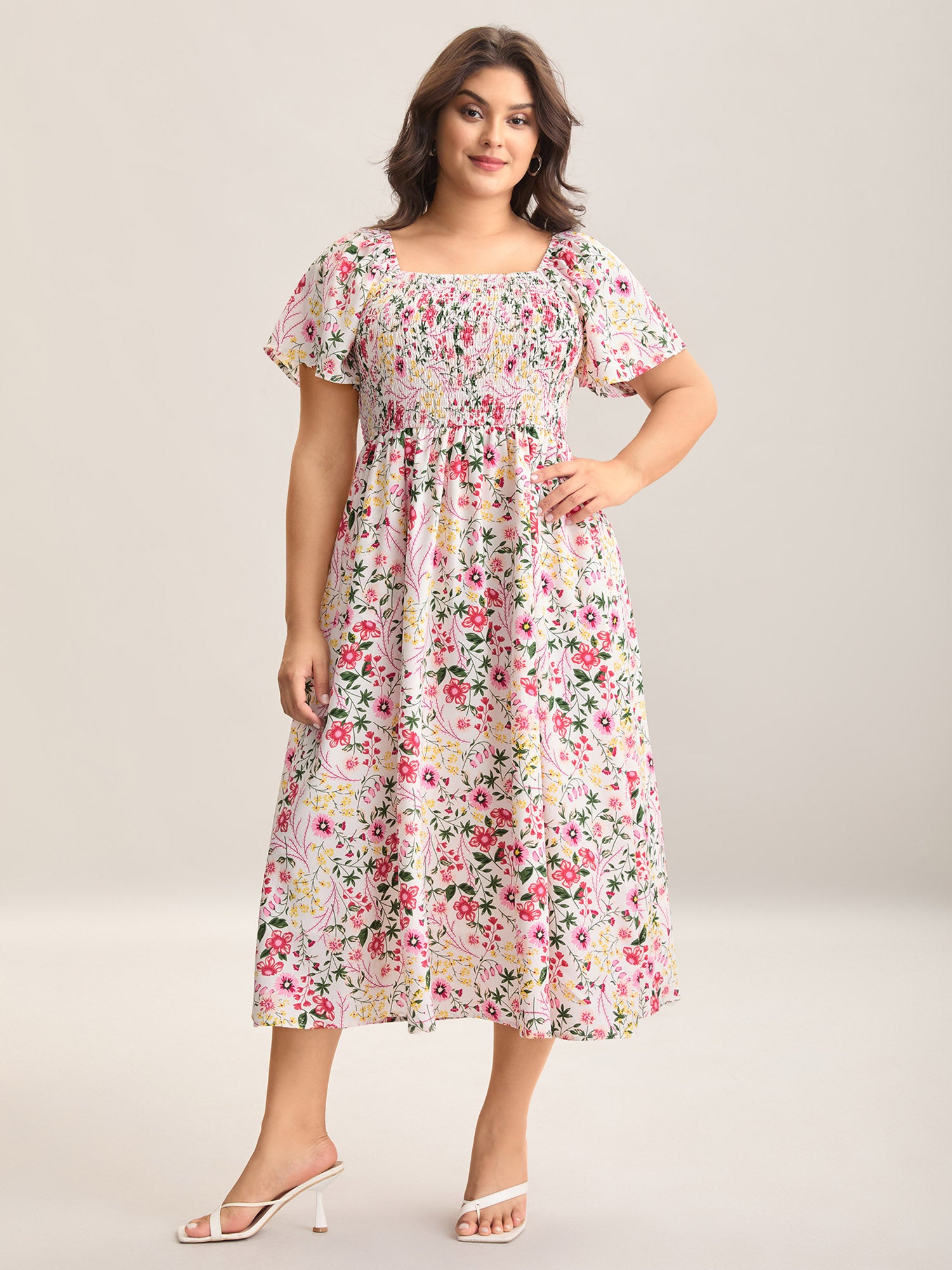 Floral Shirred Square Neck Pocket Midi Dress