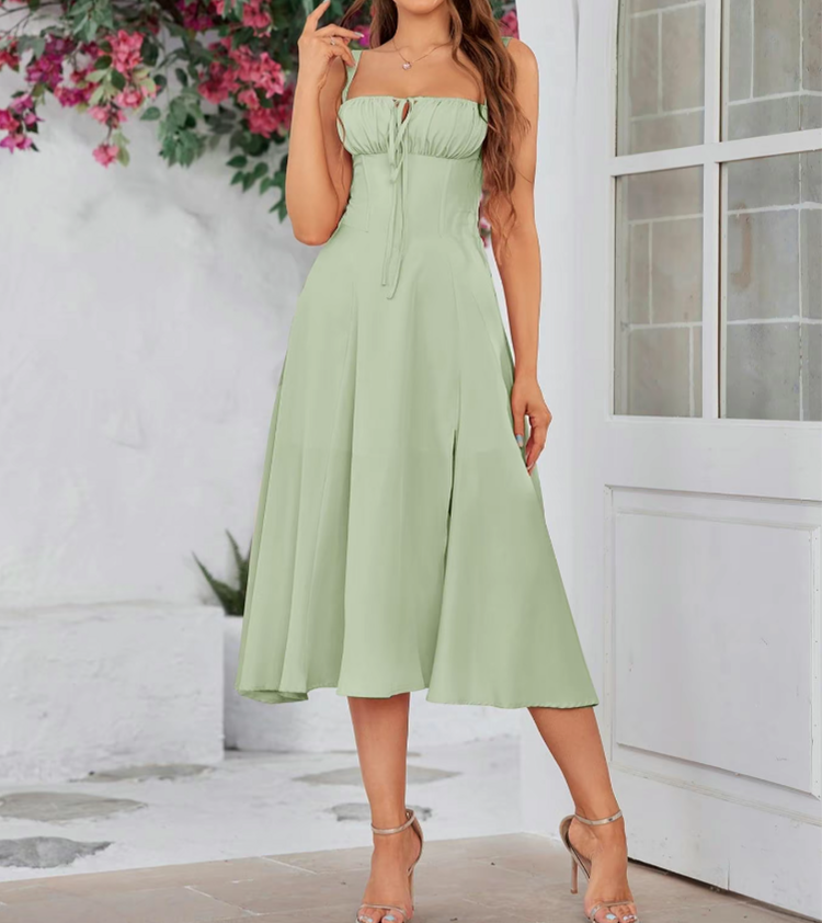 Plus Size Women's Elegant Lace Up Midi Dress – Square Neck, Tie Front