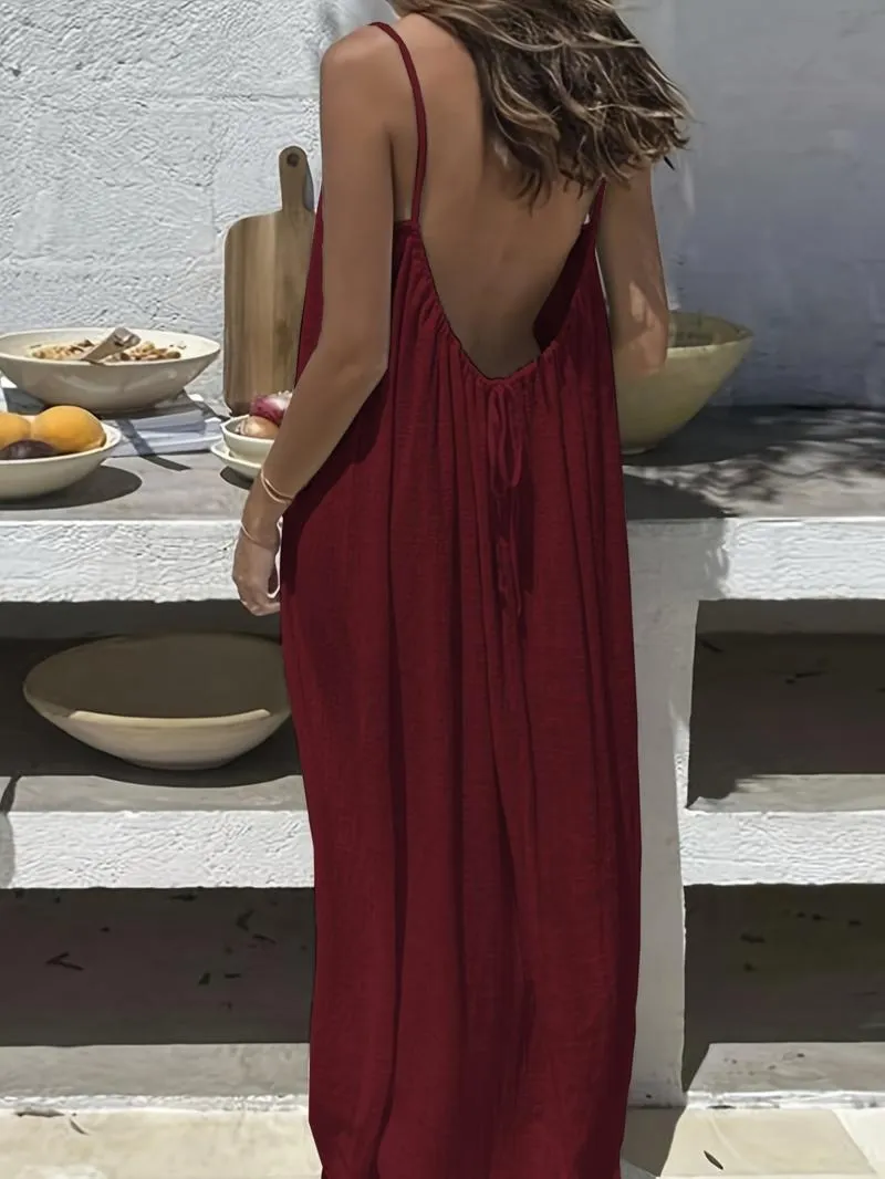 Women's Solid Color Backless Cami Dress, Casual Sleeveless Dress for Summer