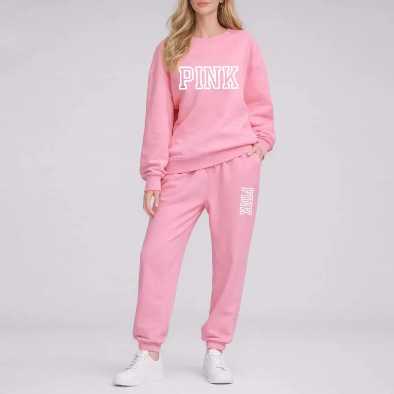 Women’s Pink Letter Print Sweatshirt & Track Pants Set
