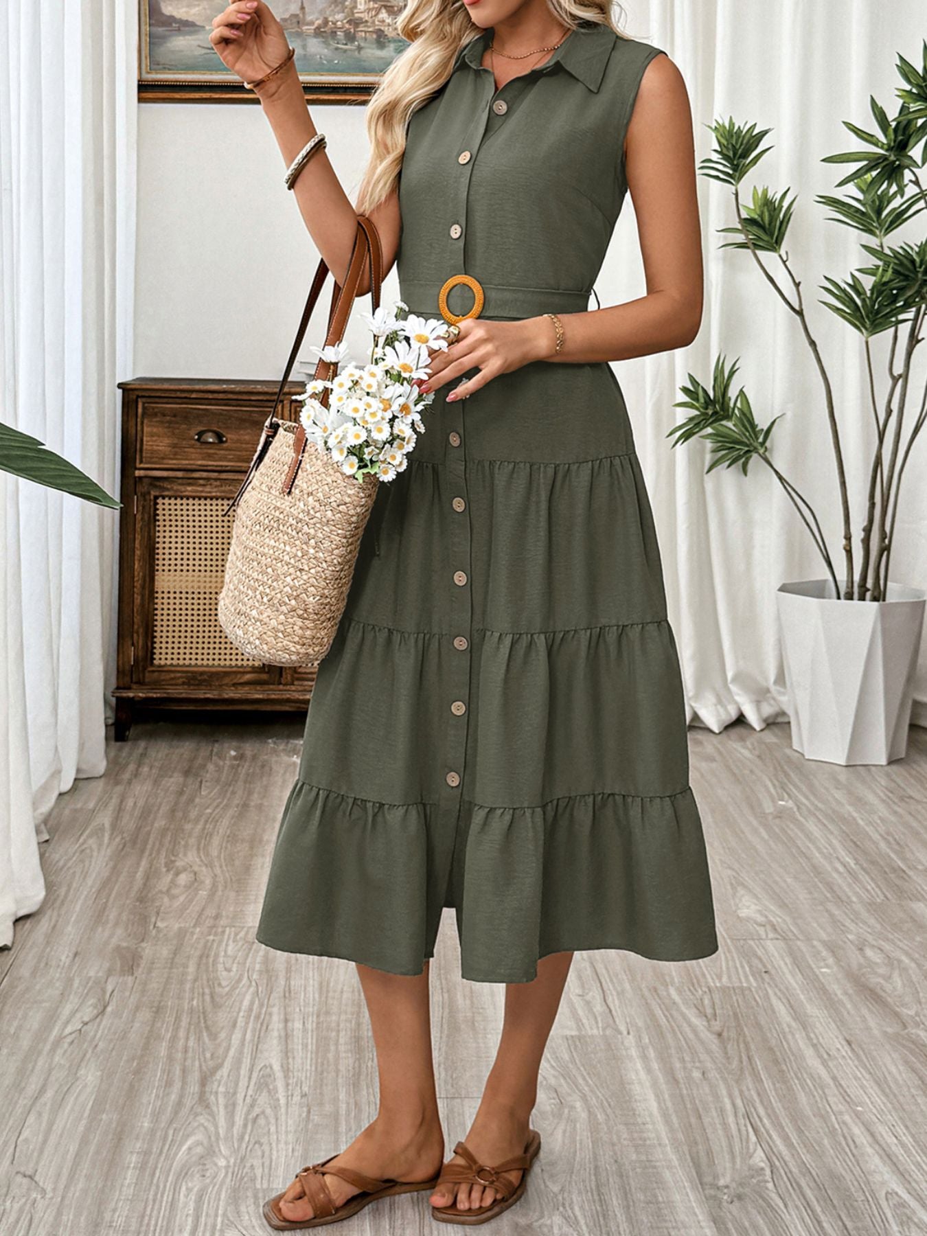 Sleeveless Button-Down Tiered Midi Dress