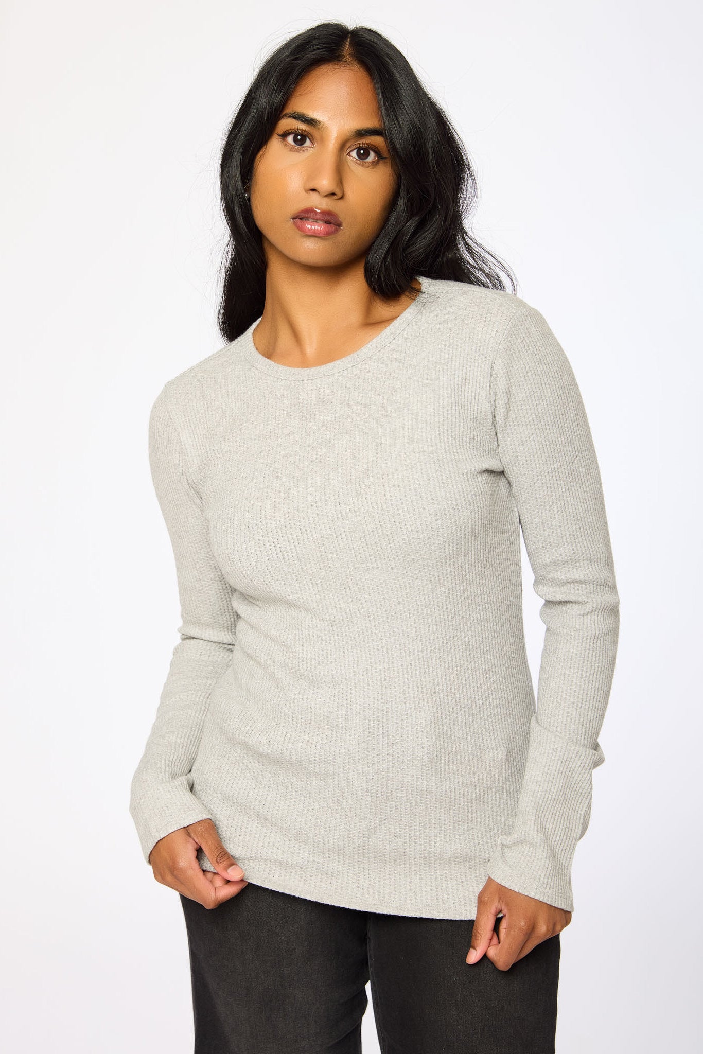 Waffle-Knit Long-Sleeve Crew-Neck Tee